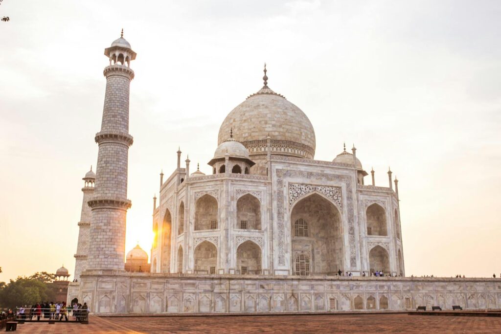Stunning view of the Taj Mahal at sunset, highlighting its architectural beauty.