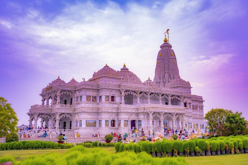 indian temple, vrindavan, mathura, radha krishna, pram temple, pram mandir, pram, temple, outdoor, religion, people, asia, india, religious, hindu, landscape, nature, radha, mandir, sunset, krishna, sky, architecture, prem, white, building